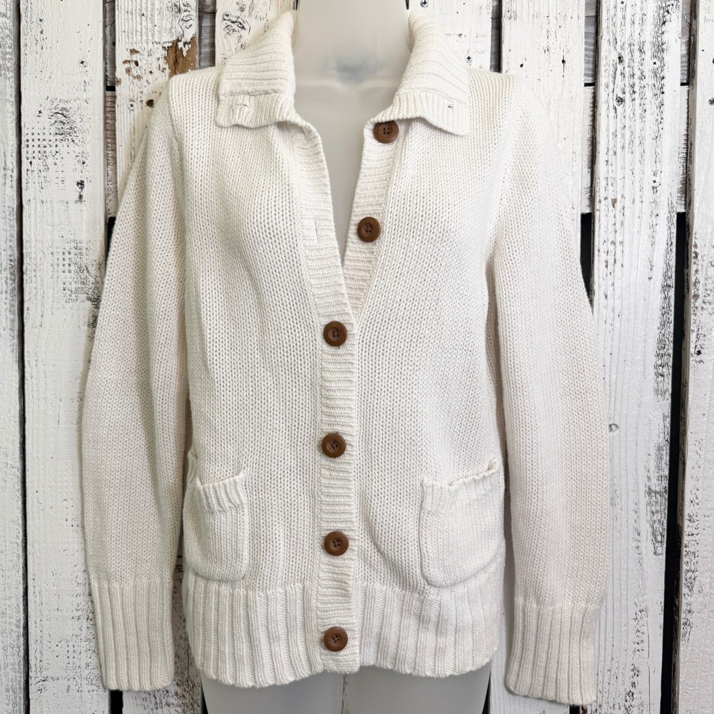 Eddie Bauer Cardigan Sweater Women M Cream White Shaker Knit Button Up Classic